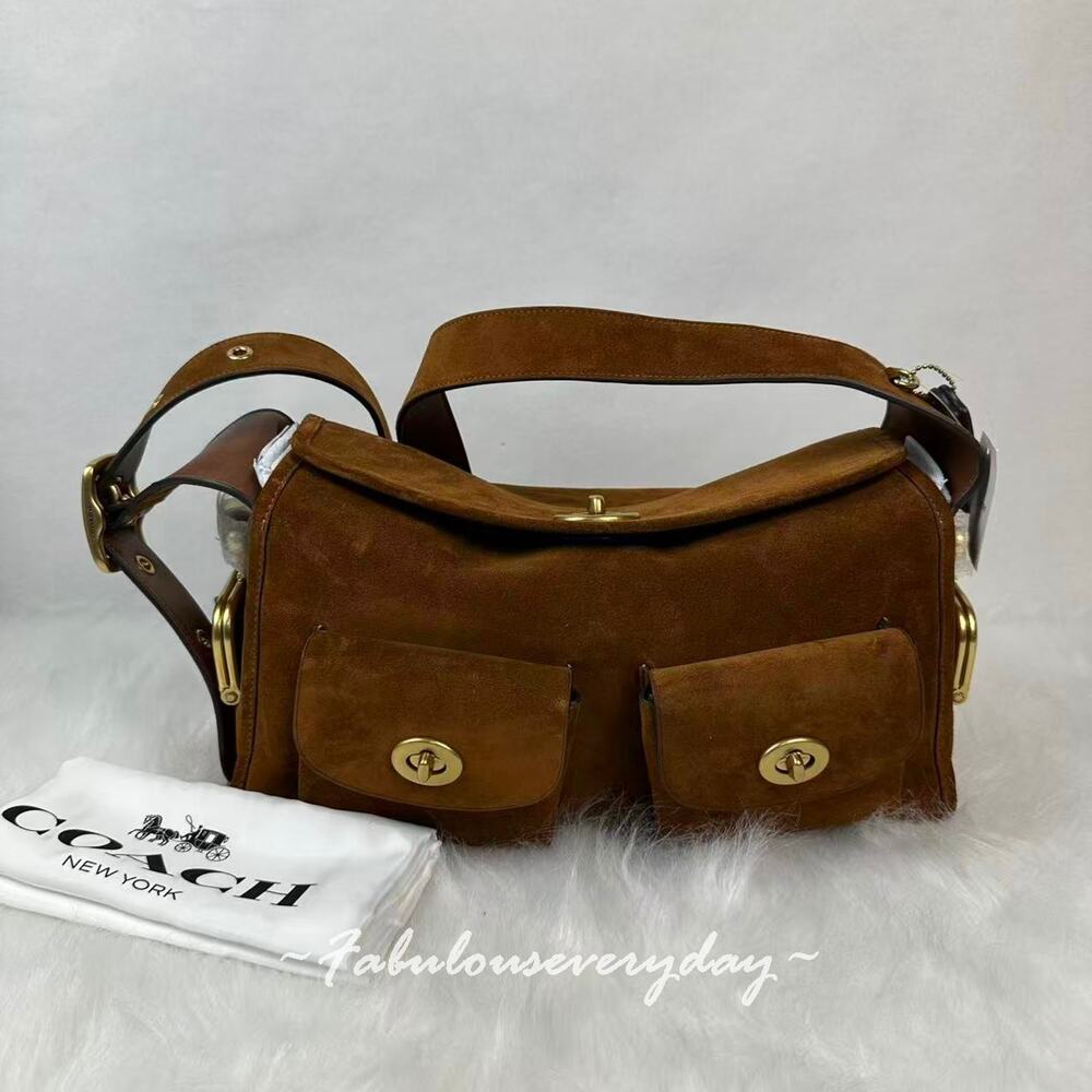 Coach Turnlock Haversack Bag Shoulder/Crossbody Suede Brass/Warm Brown CDZ13 NWT - Picture 2 of 13